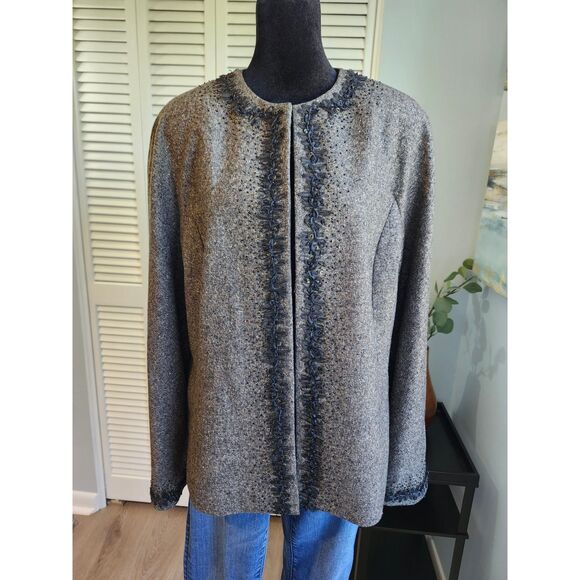 Ellen Tracy Wool Tweed Jacket Brown Black Ribbon Detail Sz 12 - Picture 1 of 12